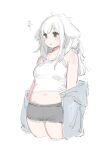  1girl belly black_shorts camisole crop_top cropped_legs dog_tail green_eyes jacket midriff navel nimo_(b45ui) off_shoulder open_clothes open_jacket original parted_lips shorts sidelocks solo tail white_background white_camisole white_hair 