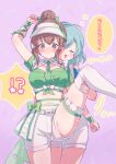  2girls :3 aqua_hair bang_dream! blue_shirt blush boots breasts brown_hair closed_eyes green_necktie green_shirt hair_bun highres hikawa_hina large_breasts meu203 midriff multiple_girls navel necktie open_mouth shirt short_hair shorts sidelocks single_hair_bun thigh_boots thigh_strap visor_cap white_footwear white_shorts yamato_maya 