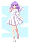  1girl absurdres blue_background border copyright_request dress earrings floating_hair full_body hair_ribbon hand_up high_heels highres jewelry long_hair looking_at_viewer outline parted_lips puffy_short_sleeves puffy_sleeves purple_eyes purple_hair ribbon sekina short_sleeves solo standing standing_on_one_leg white_border white_dress white_footwear white_outline white_ribbon 