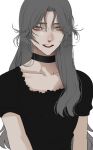  1girl black_choker black_shirt choker collarbone commentary grey_eyes grey_hair highres hoshi_san_3 long_hair looking_at_viewer mole mole_under_mouth open_mouth original shirt short_sleeves simple_background solo white_background 
