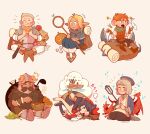  3boys 3girls animal_ears armor artist_name backpack bag black_hair blonde_hair blue_robe blush brown_footwear brown_hair bug cat_ears chibi chilchuck_tims closed_eyes dragon dreaming dryad_fruit_(dungeon_meshi) dungeon_meshi dwarf eating fake_horns falin_touden finger_twirl fingerless_gloves food frown gloves green_eyes helmet highres holding holding_staff horned_helmet horns izutsumi ladle laios_touden light_brown_hair luchichufer marcille_donato mimic multiple_boys multiple_girls neck_warmer pointy_ears robe senshi_(dungeon_meshi) sheath sheathed shell sitting slime_(substance) soup staff sword tail thought_bubble weapon 