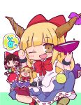  3girls :d ;d belt black_belt blonde_hair blue_skirt blush bow brown_eyes chain closed_eyes commentary_request cup dual_persona fang gourd hair_bow hakurei_reimu hands_up holding holding_tray horn_bow horn_ornament horns ibuki_suika kasuga_yuuki long_hair looking_at_viewer multiple_girls one_eye_closed purple_bow red_bow red_shirt red_skirt ribbon-trimmed_skirt ribbon_trim shirt skirt smile touhou tray very_long_hair white_background white_shirt wrist_cuffs yunomi 