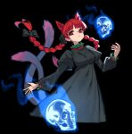  1girl animal_ears black_background black_dress bow braid breasts cat_ears cat_girl cat_tail dress hair_bow highres kaenbyou_rin long_sleeves looking_at_viewer pixel_art pointy_ears puffy_long_sleeves puffy_sleeves red_eyes red_hair shinkiroo10 skull solo tail touhou twin_braids 