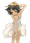  1girl :d adjusting_clothes adjusting_headwear arm_up armpits bare_shoulders black_bow black_hair black_ribbon blush bob_cut bow breasts brown_eyes brown_hat clothes_lift collarbone cowboy_shot dress dress_lift dress_tug girls_und_panzer hat hat_bow hat_ribbon highres looking_at_viewer murayama_kei no_bra open_mouth ribbon see-through_silhouette short_hair simple_background sketch sleeveless sleeveless_dress small_breasts smile solo spaghetti_strap straw_hat sun_hat sundress teeth upper_teeth_only utsugi_yuuki white_background white_dress wind wind_lift 