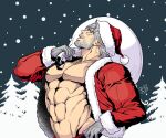  1boy abs bara bare_pectorals beard christmas cowboy_shot facial_hair full_beard grey_hair hat jacket jojo_no_kimyou_na_bouken joseph_joestar joseph_joestar_(old) konpane_(ohj) large_pectorals male_focus mature_male muscular muscular_male navel old old_man open_clothes open_jacket pectorals profile sack santa_costume santa_hat seductive_smile short_hair sideways_glance smile snowing solo standing stardust_crusaders stomach thick_eyebrows 