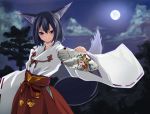  1girl animal_ear_fluff animal_ears bangs black_hair closed_mouth cloud commentary_request eyebrows_visible_through_hair fan floral_print folding_fan food fox_ears fox_girl fox_tail full_moon hair_between_eyes hakama holding holding_food japanese_clothes kimono long_sleeves looking_at_viewer miko moon night night_sky original outdoors purple_eyes red_hakama ribbon-trimmed_sleeves ribbon_trim sky smile solo tail white_kimono wide_sleeves yumibakama_meme 