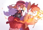  1girl animal_ears bag bare_shoulders black_shirt black_thighhighs blonde_hair blue_eyes delphox eyewear_on_head fire fox fox_ears hat highres omochi_(omotimotittona3) pink_hat pokemon pokemon_(creature) pokemon_xy red_skirt serena_(pokemon) shirt skirt thighhighs wristband 