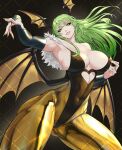  1girl bare_shoulders black_leotard breasts cleavage clothing_cutout elbow_gloves fingernails fur-trimmed_leotard fur_trim gabriel_carrasquillo gloves green_eyes green_hair head_wings heart_cutout highres large_breasts leotard long_fingernails looking_at_viewer morrigan_aensland pantyhose smile solo strapless strapless_leotard thick_thighs thighs vampire_(game) wings yellow_nails yellow_pantyhose 