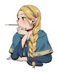  1girl blonde_hair blue_capelet blue_robe braid capelet choker dungeon_meshi edomon-do elbow_on_table food food_in_mouth french_braid head_rest highres long_hair long_sleeves marcille_donato pocky pocky_in_mouth pointy_ears red_choker robe simple_background solo twin_braids white_background yellow_eyes 
