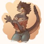  anthro belt bethesda_softworks bottomwear breasts brown_hair canid canine canis claws clothed clothing coyote denim denim_bottomwear denim_clothing fallout fangs female front_view fully_clothed hair hi_res hybrid jeans mammal microsoft midriff night_stalker_(fallout) pants pawpads pit_viper raised_tail rattle_(anatomy) rattlesnake reptile scalie shirt smile snake solo tail tateoftot teeth topwear viper yellow_eyes 