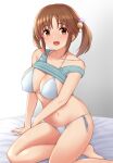 1girl arm_support bare_shoulders bikini blue_shirt blush breasts brown_eyes brown_hair cleavage clothes_pull collarbone dot_nose gradient_background hair_ornament highres idolmaster idolmaster_cinderella_girls idolmaster_cinderella_girls_starlight_stage large_breasts long_hair looking_at_viewer navel on_bed open_mouth pom_pom_(clothes) pom_pom_hair_ornament shirt shirt_pull side-tie_bikini_bottom sitting smile solo strap_slip swimsuit tomajiyama totoki_airi twintails white_shirt yokozuwari 