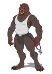  anthro badcoyote brown_body brown_fur bulge canid canine canis claws clothing fangs fur hi_res jockstrap looking_at_viewer male mammal muscular muscular_anthro muscular_male open_mouth pecs shirt simple_background solo standing tank_top teeth topwear underwear white_background wolf 