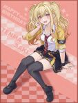  absurdres blonde_hair breasts highres hinato1710 long_hair looking_at_viewer open_mouth project_sekai red_eyes sitting skirt tenma_saki thighhighs twintails v 