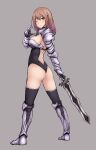  1girl armor armored_boots black_bodysuit bodysuit boots brown_hair gauntlets highres original pauldrons purple_background shoulder_armor skin_tight solo sword thighhighs usagi1942 weapon 
