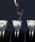  4others apple avogado6 bag_over_head black_jacket black_neckwear blue_background branch business_suit collared_shirt food formal fruit highres holding holding_scissors jacket multiple_others necktie original out_of_frame red_apple scissors shirt simple_background suit white_shirt wing_collar 