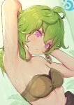  1girl arm_up armpits bandeau bathing blush breasts brown_bandeau cleavage clothed_bath collei_(genshin_impact) earrings genshin_impact green_hair hair_between_eyes hydro_symbol_(genshin_impact) jewelry long_hair medium_breasts parted_lips pink_hair showering sidelocks single_earring solo strapless tomamatto upper_body wet wet_hair 