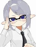  1girl :&lt; arm_up black_necktie blue_eyes blush_stickers breasts clenched_hand closed_mouth collared_shirt commentary_request dot_nose furrowed_brow grey_hair hair_intakes hand_on_own_head head_rest highres inkling inkling_girl inkling_player_character looking_at_viewer mt38lg necktie pointy_ears shirt short_hair sidelocks simple_background solo splatoon_(series) swept_bangs tentacle_hair upper_body white_background white_shirt 