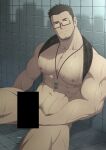  1boy abs absurdres bar_censor bara bare_pectorals beard biceps bottomless censored clothes_lift coach facial_hair feet_out_of_frame glasses goatee highres large_pectorals looking_at_viewer male_focus male_masturbation male_pubic_hair masturbation mature_male muscular muscular_male naked_shirt navel navel_hair nipples original oro9 paid_reward_available pectorals penis_grab pubic_hair shirt shirt_behind_neck shirt_lift short_hair shower_(place) sideburns sitting smile solo stomach stubble thick_eyebrows thick_thighs thighs wet whistle whistle_around_neck 