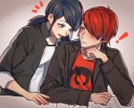  1boy 1girl black_jacket blazer blue_eyes blue_hair blush ebi_skak jacket looking_at_another marinette_dupain-cheng miraculous_ladybug nathaniel_kurtzberg open_clothes open_jacket open_mouth orange_hair orange_shirt shirt short_twintails smile twintails upper_body white_shirt 