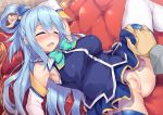  1boy 1girl akizora_momiji anus aqua_(konosuba) arm_up ass bangs bare_shoulders blue_hair blue_shirt blue_skirt blush bow breasts closed_eyes commentary_request couch detached_sleeves gem green_bow green_neckwear hair_between_eyes hair_ornament hair_rings kono_subarashii_sekai_ni_shukufuku_wo! large_breasts long_hair lying on_back on_couch open_mouth pussy satou_kazuma shirt skirt skirt_lift sleeping spread_legs thighhighs white_legwear 