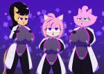  2019 4_fingers alternate_costume amy_rose anthro big_breasts black_hair bodysuit bojack_horseman breasts clothed clothing coat collar domestic_cat dr._chaos eulipotyphlan fangs felid feline felis female fingers fur group hair half-closed_eyes hand_on_breast hedgehog hi_res kitty_katswell lab_coat mammal mind_control narrowed_eyes netflix nickelodeon open_mouth pink_body pink_fur princess_carolyn purple_eyes skinsuit sonic_the_hedgehog_(series) t.u.f.f._puppy tan_body tan_fur tight_clothing topwear whiskers 