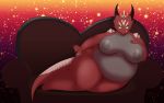  2020 4_fingers anthro beckoning belly big_belly big_breasts breasts crown dr._chaos female fingers furniture gesture green_eyes hi_res horn inverted_nipples lizard nipples non-mammal_breasts nude open_mouth overweight overweight_anthro overweight_female patting red_body red_scales reptile scales scalie sofa solo tongue yellow_body yellow_scales 