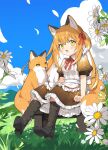  1girl :d animal_ears apron black_footwear black_skirt blue_sky blush boots cloud collared_shirt colored_inner_hair creature_and_personification daisy day falling_petals flower fox fox_ears fox_girl fox_tail frilled_skirt frills grass hair_between_eyes hair_ribbon highres hill kamiyoshi_rika knee_boots long_hair looking_at_viewer maid multicolored_hair one_side_up open_mouth orange_hair original outdoors petals puffy_short_sleeves puffy_sleeves red_ribbon ribbon shirt shoe_soles short_sleeves sidelocks sitting skirt sky smile solo stool streaked_hair tail waist_apron white_apron white_flower white_hair white_shirt yellow_eyes 