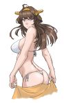  absurdres ahoge alternate_costume artist_name bikini breasts brown_eyes brown_hair cowboy_shot double_bun eyebrows_visible_through_hair from_side headgear highres holding holding_towel kantai_collection kongou_(kantai_collection) large_breasts long_hair looking_at_viewer looking_back orange_towel remodel_(kantai_collection) smile sozan swimsuit towel white_bikini 
