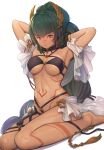  1girl arms_behind_head arms_up barefoot bikini black_bikini body_markings breasts closed_mouth dark-skinned_female dark_skin facial_mark gradient_hair granblue_fantasy green_hair hair_ornament horus_(granblue_fantasy) large_breasts long_hair looking_at_viewer multicolored_hair red_eyes simple_background sitting solo swimsuit tassel tomamatto very_long_hair white_background 