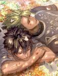  2boys achilles_(fate) ao_(en6gtl) black_hair bug butterfly character_request closed_mouth fate/grand_order fate_(series) field flower flower_field green_hair grey_armor hair_between_eyes hair_up highres light_smile male_focus multiple_boys on_grass outdoors sleeping sleeping_on_person sweater white_butterfly white_sweater yaoi 