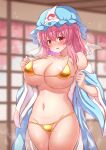  1girl bikini blue_hat blurry blurry_background breasts commentary_request gold_bikini hat highres indoors large_breasts looking_at_viewer medium_hair navel open_clothes pink_eyes pink_hair saigyouji_yuyuko solo swimsuit tksand touhou triangular_headpiece 