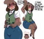 absurd_res animal_crossing anthro blush bottomwear brown_body brown_fur brown_skin bulge canid canine canis clothed clothing cosplay crossdressing dark_body dark_skin dialogue digby_(animal_crossing) domestic_dog duo freckles front_view fully_clothed fur hi_res human kentowan male mammal nintendo shih_tzu simple_background skirt solo_focus tail tail_motion tailwag topwear toy_dog vest villager_(animal_crossing)