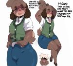 absurd_res animal_crossing anthro blush bottomwear brown_body brown_fur brown_skin bulge canid canine canis clothed clothing cosplay crossdressing dark_body dark_skin dialogue digby_(animal_crossing) domestic_dog duo freckles front_view fully_clothed fur hi_res human kentowan male mammal nintendo shih_tzu simple_background skirt solo_focus tail tail_motion tailwag topwear toy_dog vest villager_(animal_crossing) 