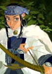  1girl absurdres ainu_clothes arrow_(projectile) asirpa belt black_hair blue_eyes bow_(weapon) bush cape commentary drawing_bow earrings fur_cape golden_kamuy highres holding holding_bow_(weapon) holding_weapon hoop_earrings jewelry kajibaji leaf looking_at_viewer parted_lips sidelocks solo symbol-only_commentary upper_body weapon 