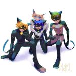  1girl adrien_agreste animal_ears bell black_bodysuit black_mask blonde_hair blue_hair bodysuit braid cat_boy cat_ears cat_girl cat_tail chat_blanc chat_noir chat_walker green_hair highres holding_hands hug hug_from_behind jingle_bell lady_noir looking_at_viewer makumakuma03 marinette_dupain-cheng mask mask_on_head miraculous_ladybug multiple_boys open_mouth simple_background single_braid slit_pupils smile superhero_costume tail white_background white_bodysuit white_mask yellow_eyes 