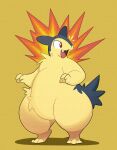  absurdres badger badger_ears chest_tuft fang fire fluffy highres no_humans open_mouth pokemon pokemon_(creature) red_eyes self-upload shadow solo standing tail_tuft typhlosion 
