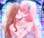  2girls bang_dream! bang_dream!_it&#039;s_mygo!!!!! bare_shoulders blush breasts bridal_veil brown_hair bug butterfly chihaya_anon choker cleavage closed_eyes collarbone commentary_request dress flower hair_flower hair_ornament highres hug jewelry large_breasts long_hair meu203 multiple_girls nagasaki_soyo necklace open_mouth pink_hair sidelocks strapless strapless_dress tiara upper_body veil wedding_dress white_choker white_dress wife_and_wife yuri 