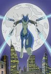  anthro bandai_namco city city_background digimon digimon_(species) female hi_res jumping justablank kinetta_(justablank) laser_cannons moon renamon solo 