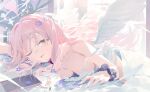  1girl angel_wings black_scrunchie blue_archive breasts camisole cellphone clock digital_clock feathered_wings flower halo highres indoors large_breasts long_hair looking_at_viewer mika_(blue_archive) omurice_(304975636) one_eye_closed open_mouth phone pink_hair pink_halo purple_flower scrunchie smartphone solo white_camisole white_wings wings wrist_scrunchie yellow_eyes 