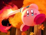  absurdres blush_stickers colored_skin deleca7755 fire flaming_sword flaming_weapon forest highres holding holding_sword holding_weapon kirby kirby_(series) kirby_64 leaf looking_at_viewer maple_leaf nature no_humans pink_skin power_combo_(kirby) solid_oval_eyes sword tree weapon 