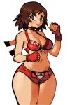  &gt;:) bra breasts brown_eyes brown_hair choker clenched_hands clothes_writing cowboy_shot eduedude english_commentary english_text fingerless_gloves gloves highres hinomoto_reiko lips looking_at_viewer medium_breasts midriff navel open_fly panties red_bra red_ribbon red_shorts ribbon rumble_roses short_hair short_shorts shorts simple_background thick_thighs thighs unbuttoned underwear unzipped v-shaped_eyebrows white_background white_panties wrestling_outfit 