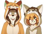  absurd_res ailurid anthro blush brown_body brown_fur canid canine canis clothing coyote domestic_dog duo flushed fur hair hi_res hoodie hybrid kigurumi long_hair male male/male mammal one_eye_closed onesie orange_body orange_fur red_panda robogooey shiba_inu spitz tongue tongue_out topwear torkle wink 
