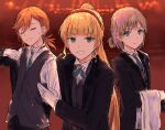  3girls :d =_= alternate_costume bad_id bad_twitter_id black_jacket black_pants black_vest blazer blonde_hair blue_eyes blue_necktie blunt_bangs bowing brown_background bullfalk butler closed_eyes collared_shirt commentary_request dress_shirt female_butler green_eyes grin hairband heanna_sumire high_ponytail jacket light_brown_hair looking_at_viewer love_live! love_live!_superstar!! low_ponytail medium_hair multiple_girls necktie open_clothes open_jacket orange_hair pants parted_bangs red_hairband shibuya_kanon shirt short_hair smile tang_keke v-shaped_eyebrows vest white_shirt 