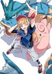  1girl ;d arm_up bad_id bad_twitter_id black_footwear black_shirt blonde_hair blue_jacket blunt_bangs bullfalk clefable commentary_request cosplay from_above grey_shorts gyarados heanna_sumire highres holding holding_poke_ball jacket legs_apart long_hair looking_at_viewer looking_up love_live! love_live!_superstar!! nate_(pokemon) nate_(pokemon)_(cosplay) one_eye_closed open_mouth poke_ball pokemon pokemon_bw2 red_footwear red_visor shadow shirt shoes short_sleeves shorts sidelocks smile sneakers standing two-tone_footwear v-shaped_eyebrows visor_cap white_background 