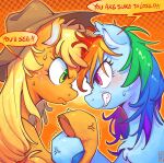  2girls applejack arm_wrestling blonde_hair blue_fur brown_hat clenched_teeth cowboy_hat english_text face_to_face from_side green_eyes hat highres jficbcpcr6eyujo long_hair multicolored_hair multiple_girls my_little_pony my_little_pony:_friendship_is_magic no_humans orange_fur pink_eyes pony_(animal) rainbow_dash rainbow_hair speech_bubble sweat teeth upper_body 