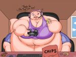 2018 4:3 5_fingers anthro bar_emanata batspid2 belly big_belly big_breasts biped black_eyebrows blue_bottomwear blue_clothing bottomwear breasts cel_shading chair chips_(food) cleavage clothed clothing cloud computer_keyboard computer_mouse controller cookie crop_top cutoffs denim denim_bottomwear denim_clothing dessert detailed_background dialogue digital_drawing_(artwork) digital_media_(artwork) dirty double_chin doughnut eating electronics emanata exclamation_point eyebrows eyelashes female fingers flabby_arms food frill_(anatomy) front_view furniture glistening glistening_eyes half-length_portrait head_crest head_frill headphones holding_food holding_object huge_belly huge_breasts huge_thighs hyper hyper_hips hyper_thighs juna_(batspid2) lizard membrane_(anatomy) membranous_frill midriff morbidly_obese morbidly_obese_anthro morbidly_obese_female navel obese obese_anthro obese_female one_eye_closed overweight overweight_anthro overweight_female pink_body pink_scales pink_tongue portrait purple_clothing purple_eyes purple_topwear reptile scales scalie shaded shirt shorts signature sitting sky smile solo table tail thick_thighs tongue topwear window