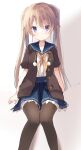  1girl ao_no_kanata_no_four_rhythm arisaka_mashiro arms_at_sides black_thighhighs blue_sailor_collar blue_skirt blush brown_hair brown_jacket commentary eyes_visible_through_hair frilled_skirt frills hair_between_eyes high-waist_skirt highres jacket knees_together_feet_apart long_hair looking_at_viewer neckerchief open_clothes open_jacket parted_lips pleated_skirt pom_pom_(clothes) purple_eyes sailor_collar school_uniform shirt short_sleeves sidelighting sidelocks simple_background sitting skirt solo straight_hair takepoison thighhighs twintails very_long_hair white_background white_shirt yellow_neckerchief 