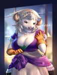  2024 big_breasts bovid breasts caprine cleavage clothed clothing digital_media_(artwork) female fur gloves goat handwear hi_res horn kerchief looking_at_viewer mammal purple_clothing signature solo unicorn_overlord vanillaware watte white_body white_fur window 