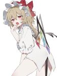  1girl blonde_hair blood blood_from_mouth blush bow crystal demon_tail flandre_scarlet hat hat_ribbon highres looking_at_viewer mob_cap open_mouth puffy_short_sleeves puffy_sleeves red_eyes ribbon shirt short_hair short_sleeves side_ponytail sorani_(kaeru0768) tail touhou white_shirt wings 