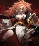  1girl :d absurdres baiken big_hair bike_shorts black_legwear breasts breasts_apart bruise bruise_on_face crazy_eyes crazy_smile dirty dirty_clothes eyepatch feet_out_of_frame gogalking guilty_gear guilty_gear_xrd highres injury japanese_clothes katana kimono large_breasts legs_apart long_hair long_sleeves looking_at_viewer obi one_eye_covered open_mouth orange_eyes orange_hair red_background sash scabbard sheath sheathed smile socks solo spiked_mace standing sword tassel torn_clothes weapon wide_sleeves 